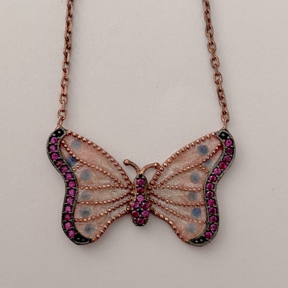 🦋925 Silver enamel butterfly cz stones 14k rose gold plated necklace